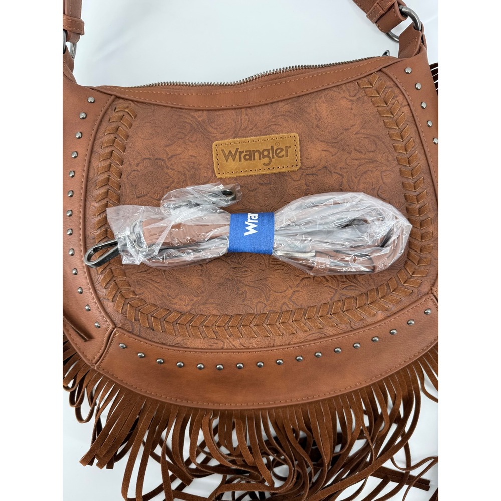 Wrangler Brown Tooled Vegan Leather Fringe Hobo Bag Western Crossbody Purse - Picture 4 of 6